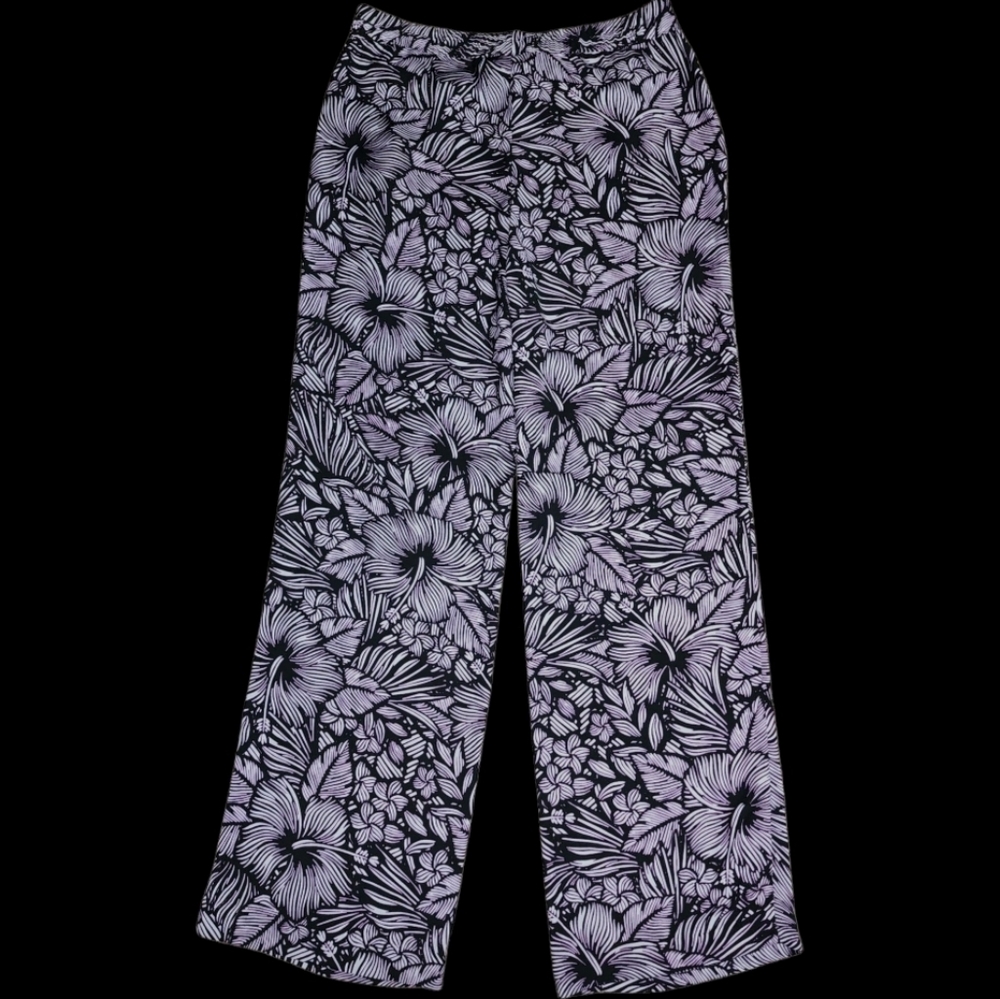 Worthington Wide Leg Womens MEDIUM Purple & Black Floral Pants Stretch Pockets
